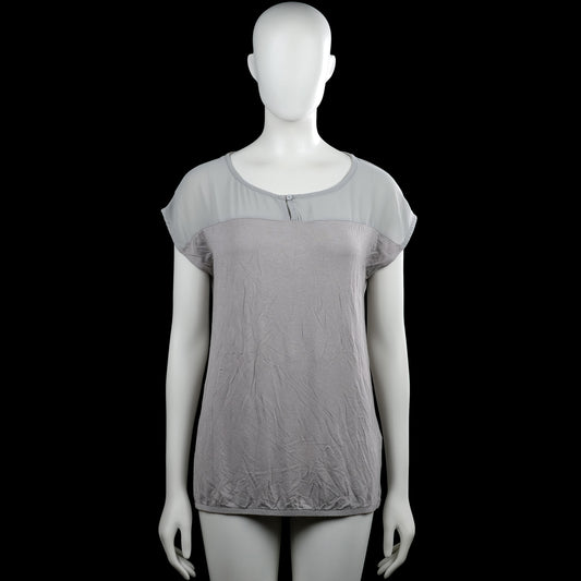 Soyaconcept - T-shirt - Light Gray & Gray - Size S - Light gray and gray solid top with a scoop neck and short sleeves. Features a small front button placket and a straight hem.