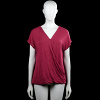 Ql - Blouse - Burgundy - Size M - Burgundy solid top with a V-neckline and short sleeves. Features plain cuffs and a straight hem.