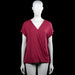 Ql - Blouse - Burgundy - Size M - Burgundy solid top with a V-neckline and short sleeves. Features plain cuffs and a straight hem.