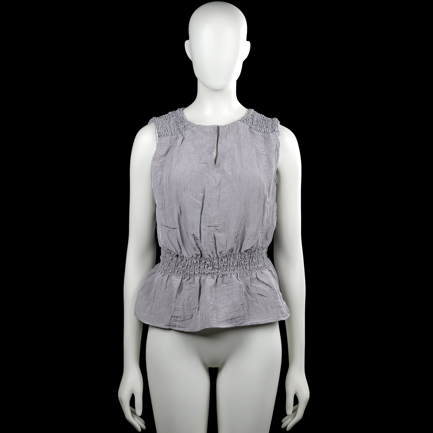 Kappahl - Tank top - Gray - Size M - Gray sleeveless solid top with a round neckline and a short center front slit. Features smocked shoulder panels, a smocked waist, and a flared peplum hem.