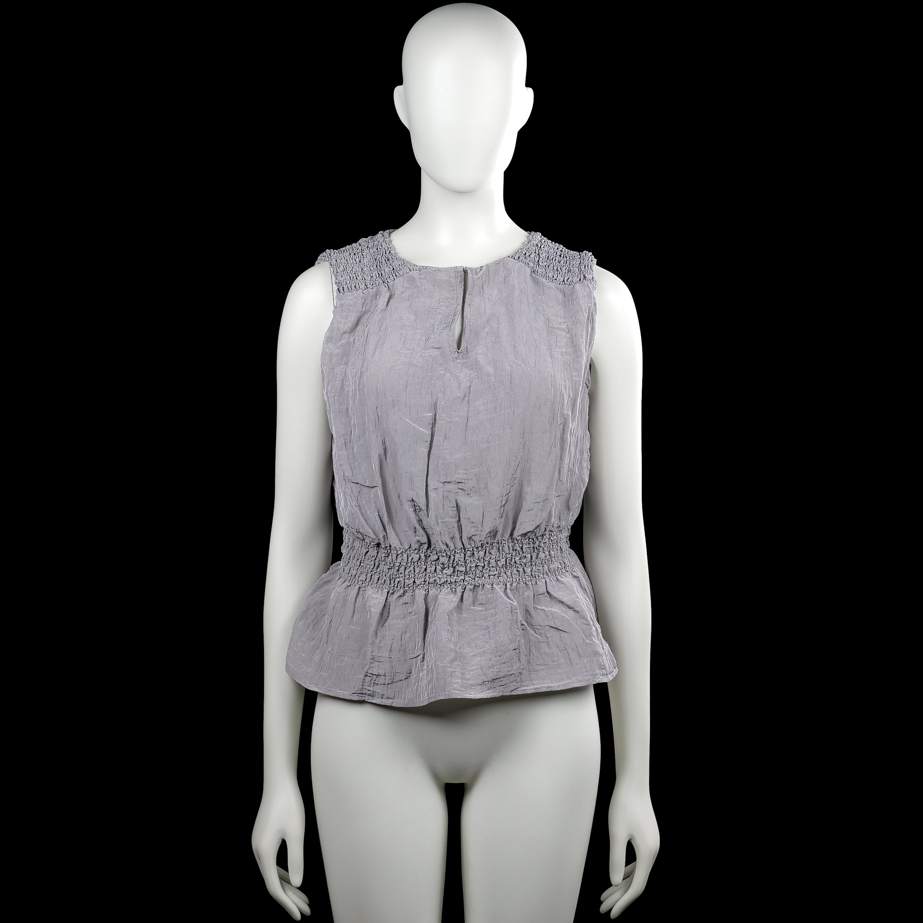 Kappahl - Tank top - Gray - Size M - Gray sleeveless solid top with a round neckline and a short center front slit. Features smocked shoulder panels, a smocked waist, and a flared peplum hem.