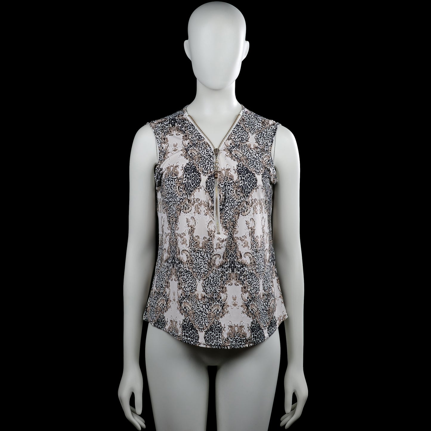 Creme fraiche - Blouse - White & Brown - Size M - Sleeveless white and brown printed top with a V-neckline and a partial front zipper. Curved hem and plain arm openings.