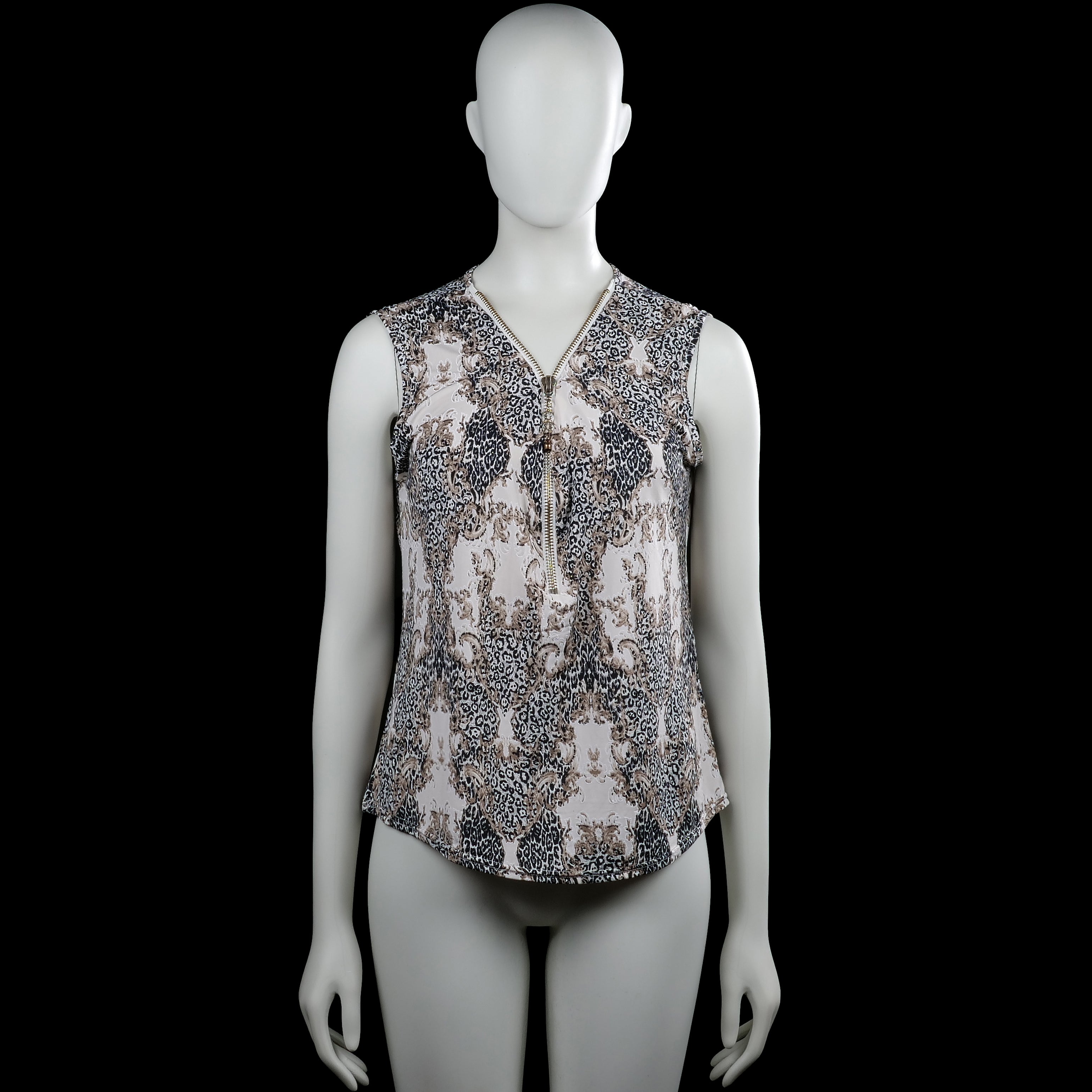 Creme fraiche - Blouse - White & Brown - Size M - Sleeveless white and brown printed top with a V-neckline and a partial front zipper. Curved hem and plain arm openings.