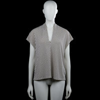 H&M - Blouse - White & Black - Size M - White and black striped top with a V-neck and short sleeves. Features a straight hem with no visible closures.