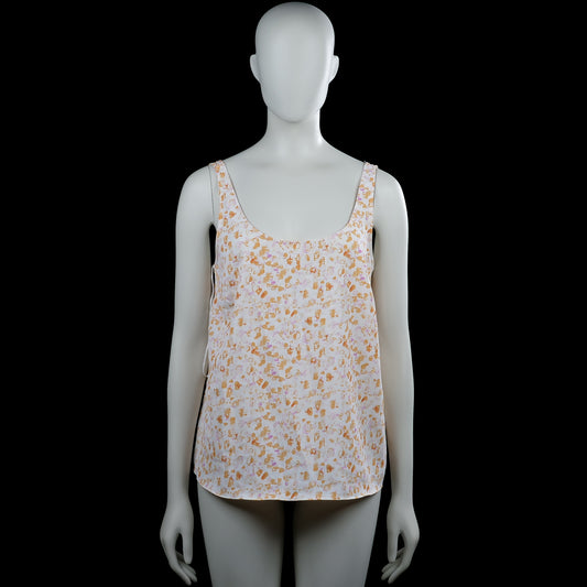 Primark - Tank top - White & Beige - Size 42 - Sleeveless white top with beige and light pink printed pattern and a scoop neckline. Straight hem with plain arm openings.