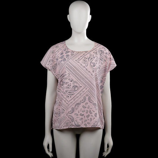 Yessica - T-shirt - Light Pink & Black - Size 42 - Light pink top with an all-over black paisley pattern and a scoop neckline. Features short sleeves with plain cuffs and a straight hem.