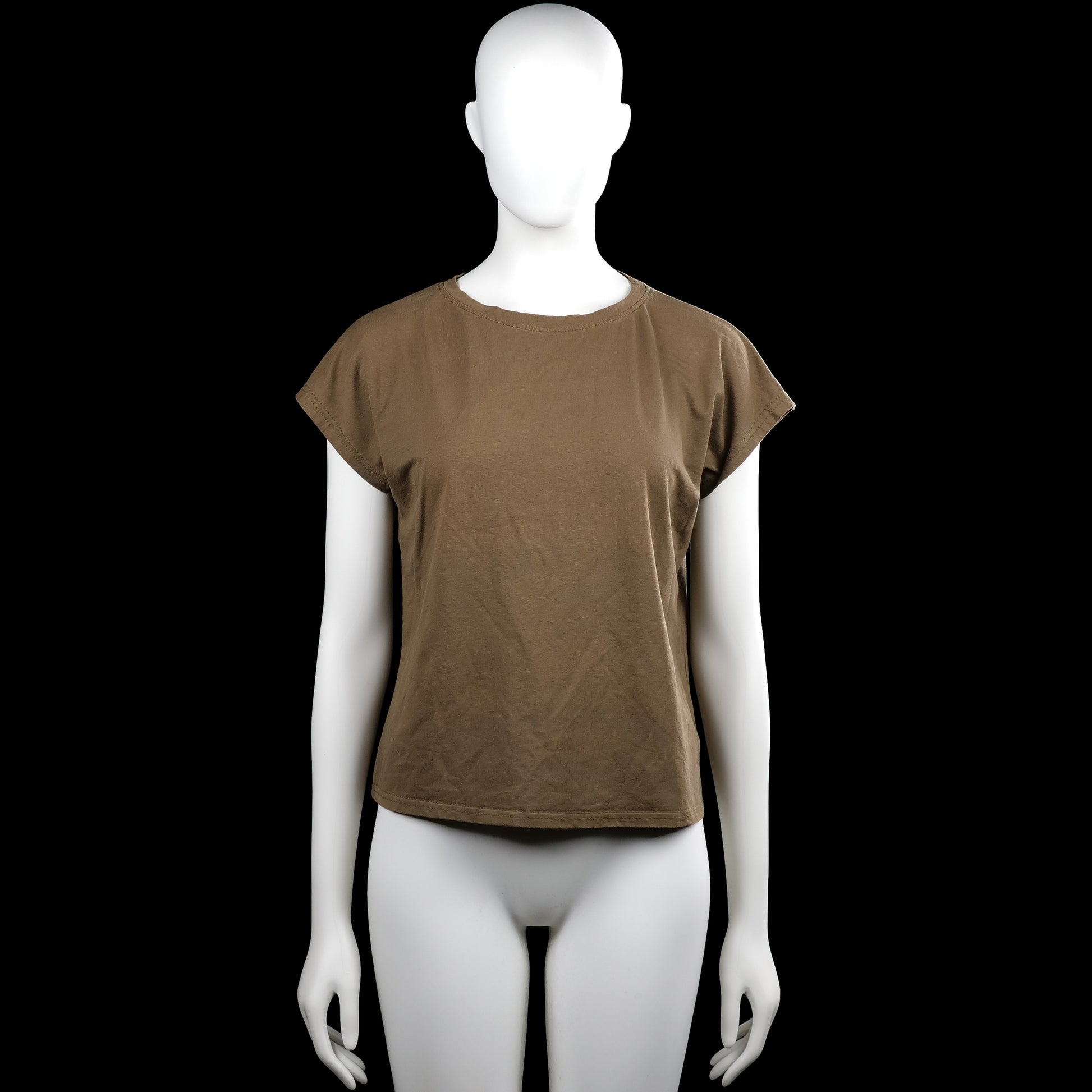 Kaylla - T-shirt - Brown - Size L - Brown solid top with a round neckline and short sleeves. Features plain sleeve cuffs and a straight hem.