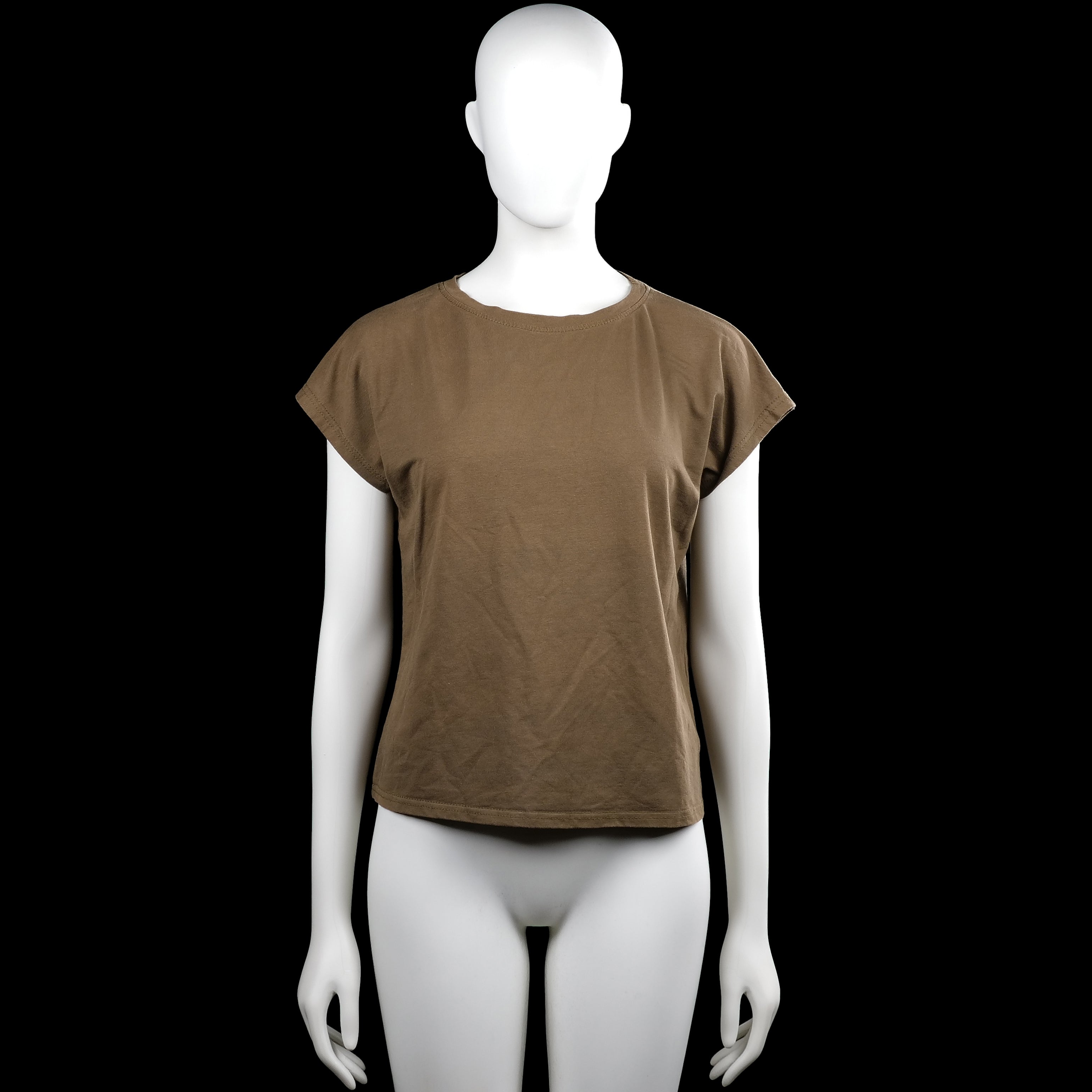 Kaylla - T-shirt - Brown - Size L - Brown solid top with a round neckline and short sleeves. Features plain sleeve cuffs and a straight hem.