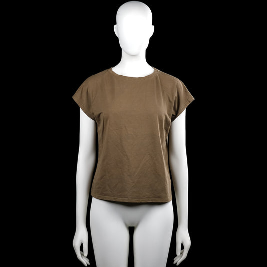 Kaylla - T-shirt - Brown - Size L - Brown solid top with a round neckline and short sleeves. Features plain sleeve cuffs and a straight hem.