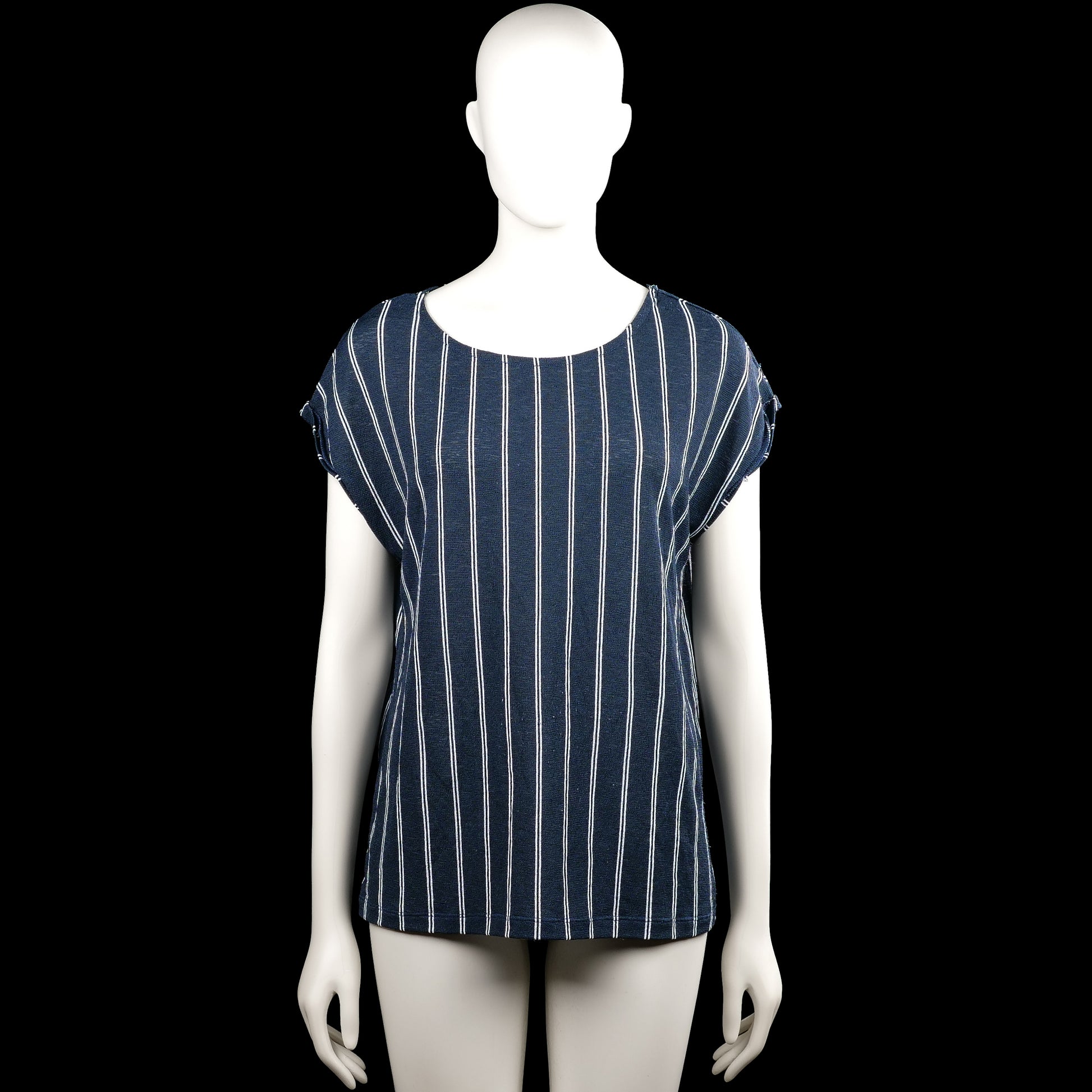 Jyothi - T-shirt - Navy & White - Size M - Navy and white striped top with a round neckline and short sleeves. Features plain cuffs and a straight hem.