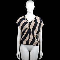 Lindex - Blouse - Black & Beige - Size M - Black and beige striped top with a V-neckline and short sleeves. Features a twisted front detail and a straight hem.