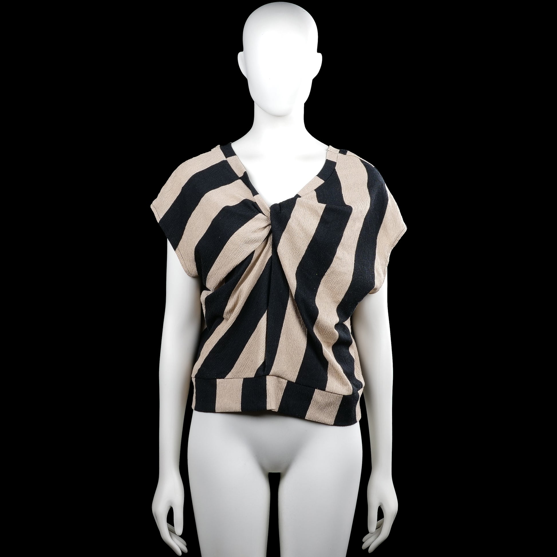 Lindex - Blouse - Black & Beige - Size M - Black and beige striped top with a V-neckline and short sleeves. Features a twisted front detail and a straight hem.