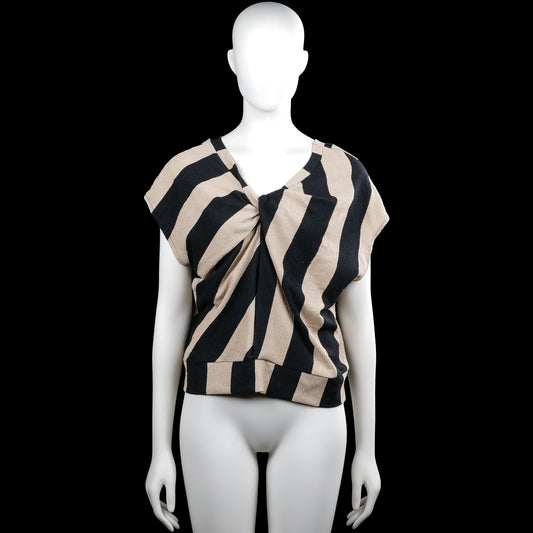 Lindex - Blouse - Black & Beige - Size M - Black and beige striped top with a V-neckline and short sleeves. Features a twisted front detail and a straight hem.