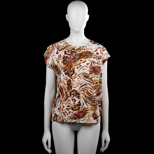 .Object - Blouse - Ivory & Brown - Size 36 - Ivory and brown printed top with a round neckline and short sleeves. Features a chest pocket, a straight hem, and a back keyhole with a button closure.