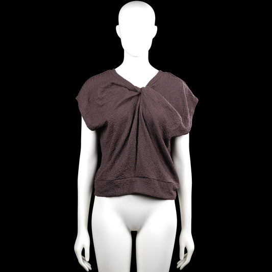 Lindex - T-shirt - Brown - Size M - Brown solid top with a round neck and short sleeves. Features a twisted front detail and a straight hem.