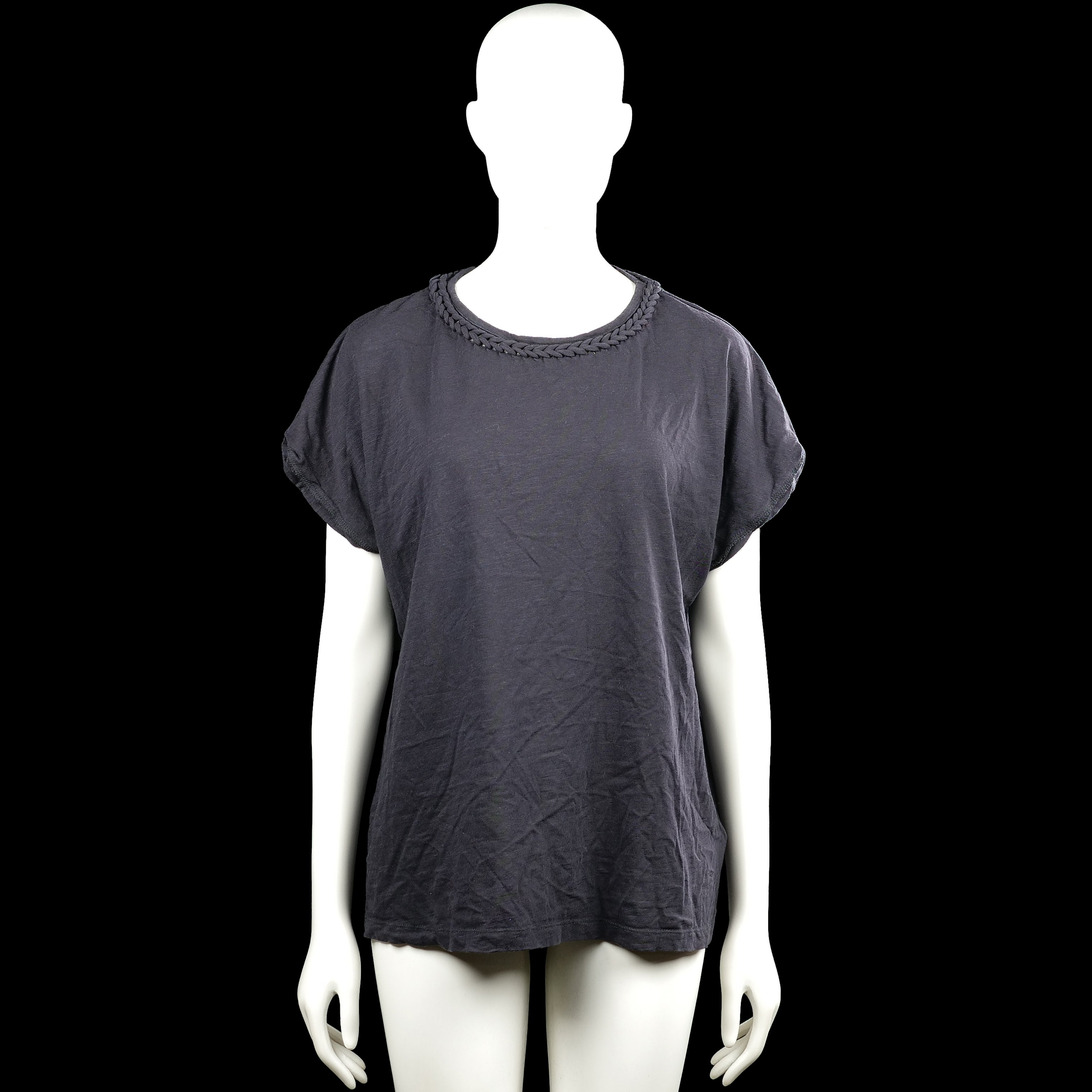 Ms Mode - T-shirt - Dark Gray - Size L - Dark gray solid top with a round neckline featuring braided trim. Short sleeves with plain cuffs and a straight hem.