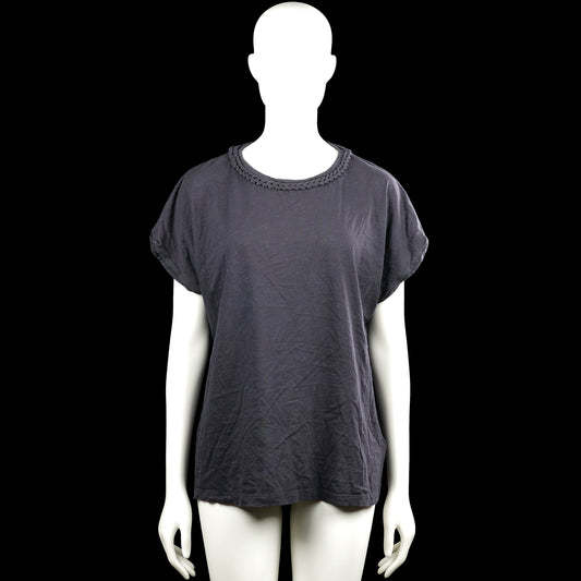 Ms Mode - T-shirt - Dark Gray - Size L - Dark gray solid top with a round neckline featuring braided trim. Short sleeves with plain cuffs and a straight hem.
