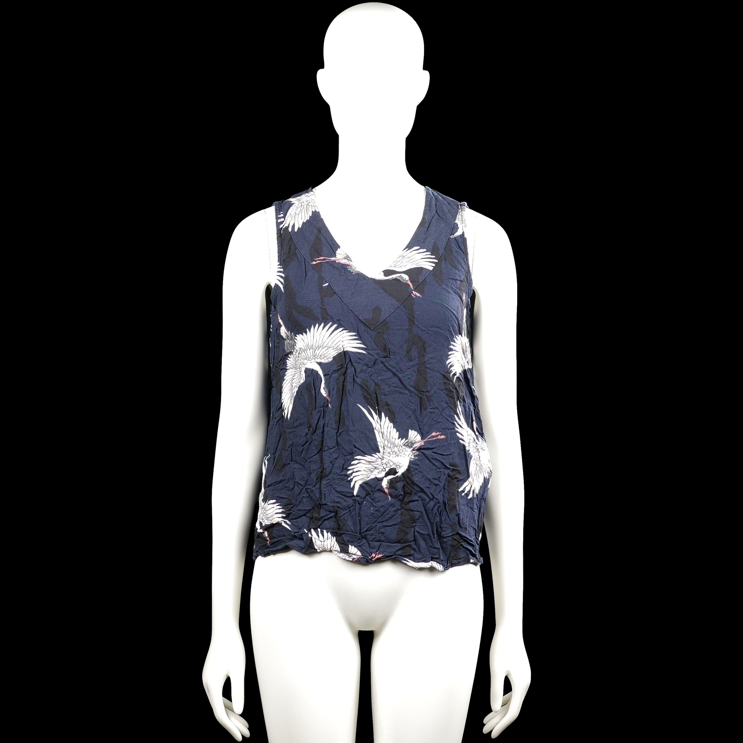 Only - Tank top - Navy & White - Size 36 - Navy sleeveless top with a white bird print and a V-neckline. Features plain armholes, a straight hem, and a narrow strap detail across the upper back.