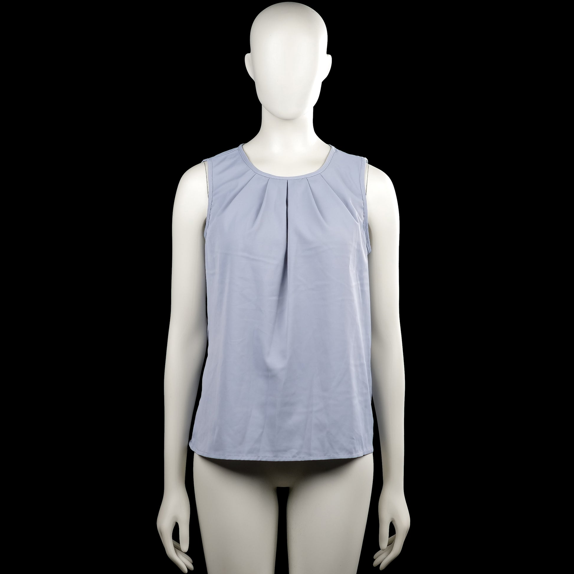 Shein - Blouse - Light Blue - Size M - Light blue solid sleeveless top with a round neckline and pleated front detail. Straight hem and a back keyhole opening with a button closure.