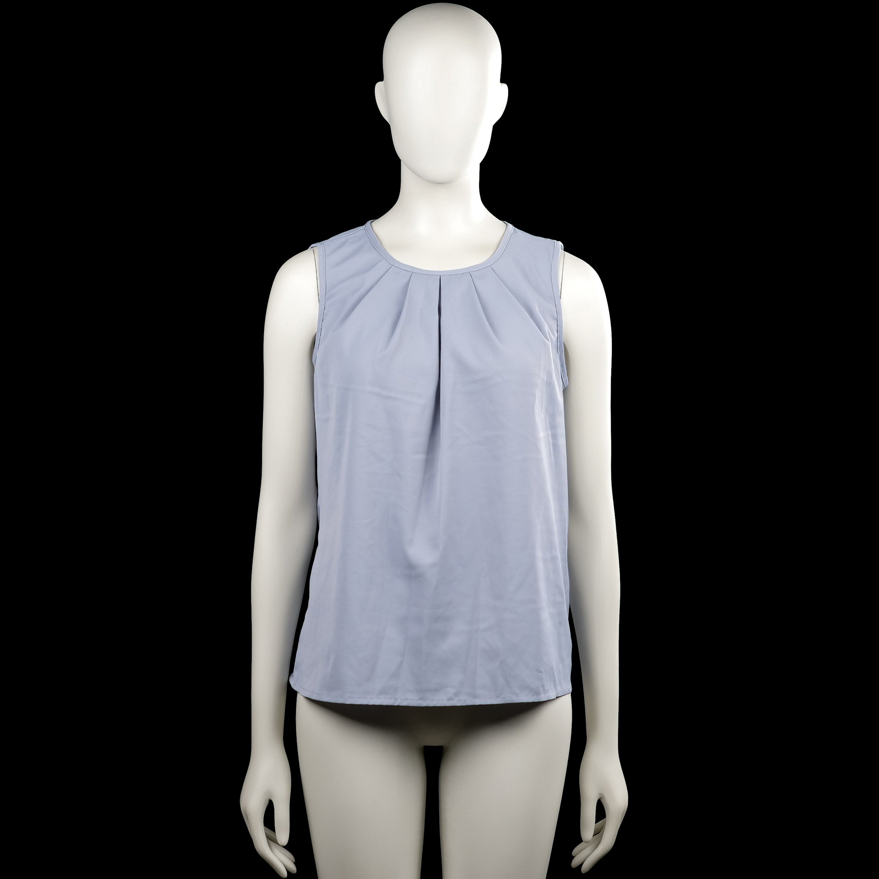 Shein - Blouse - Light Blue - Size M - Light blue solid sleeveless top with a round neckline and pleated front detail. Straight hem and a back keyhole opening with a button closure.