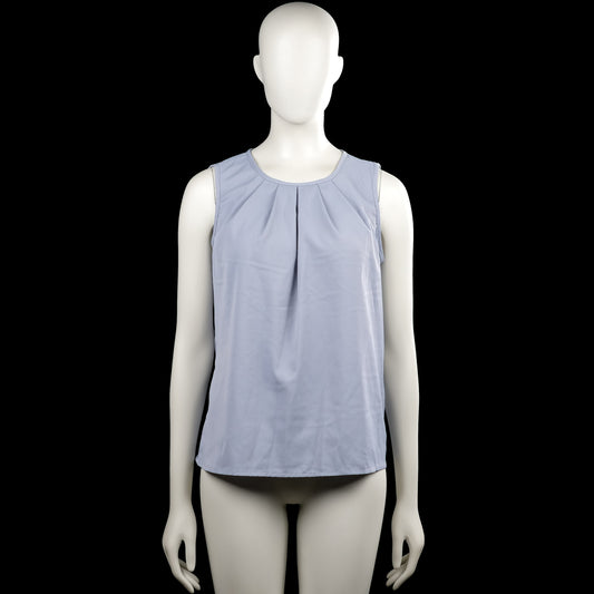 Shein - Blouse - Light Blue - Size M - Light blue solid sleeveless top with a round neckline and pleated front detail. Straight hem and a back keyhole opening with a button closure.