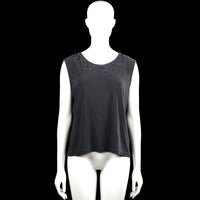 Tank top - Charcoal - Size L - Charcoal solid sleeveless top with a scoop neckline and floral embroidery along the neckline. Straight hem with no visible closures or pockets.