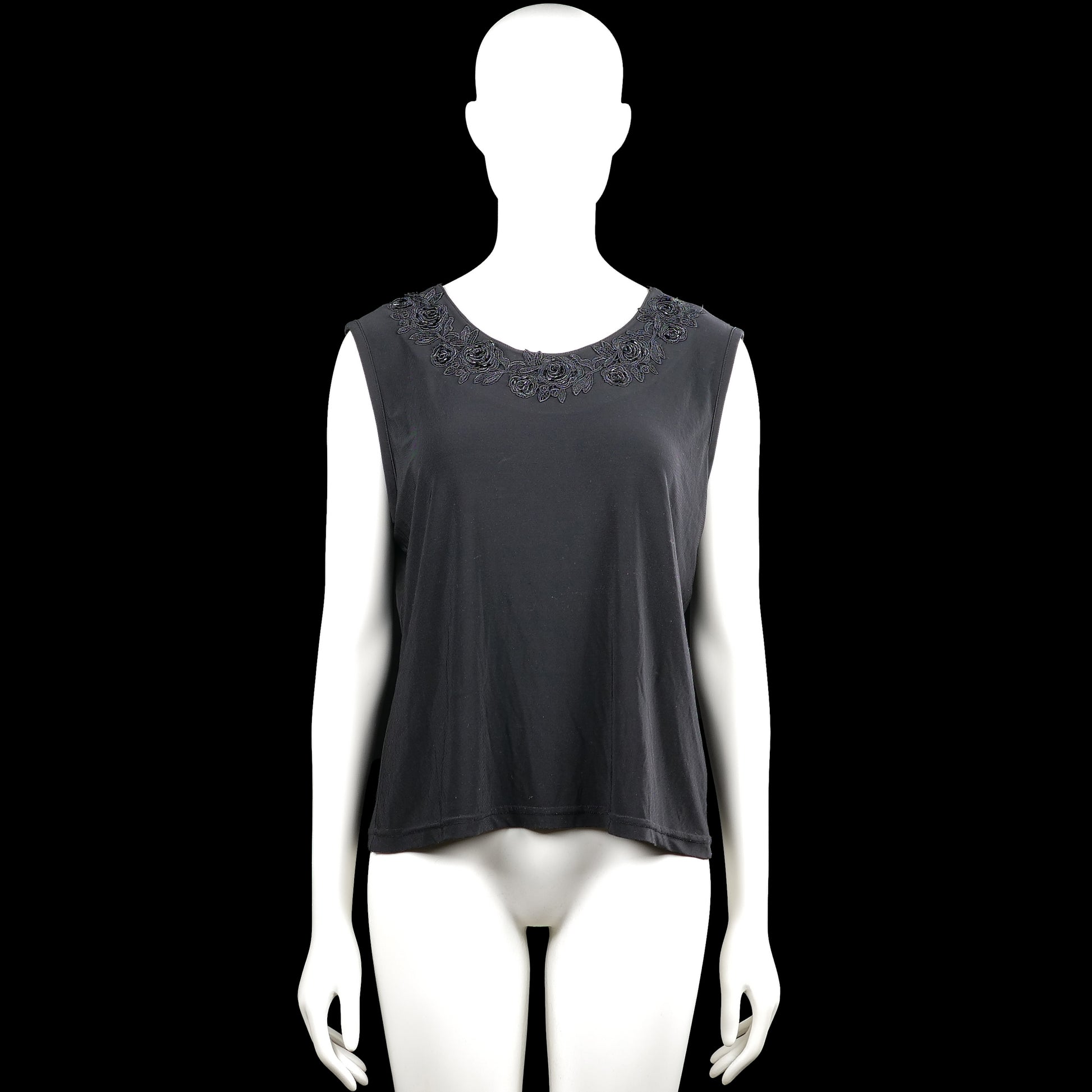 Tank top - Charcoal - Size L - Charcoal solid sleeveless top with a scoop neckline and floral embroidery along the neckline. Straight hem with no visible closures or pockets.