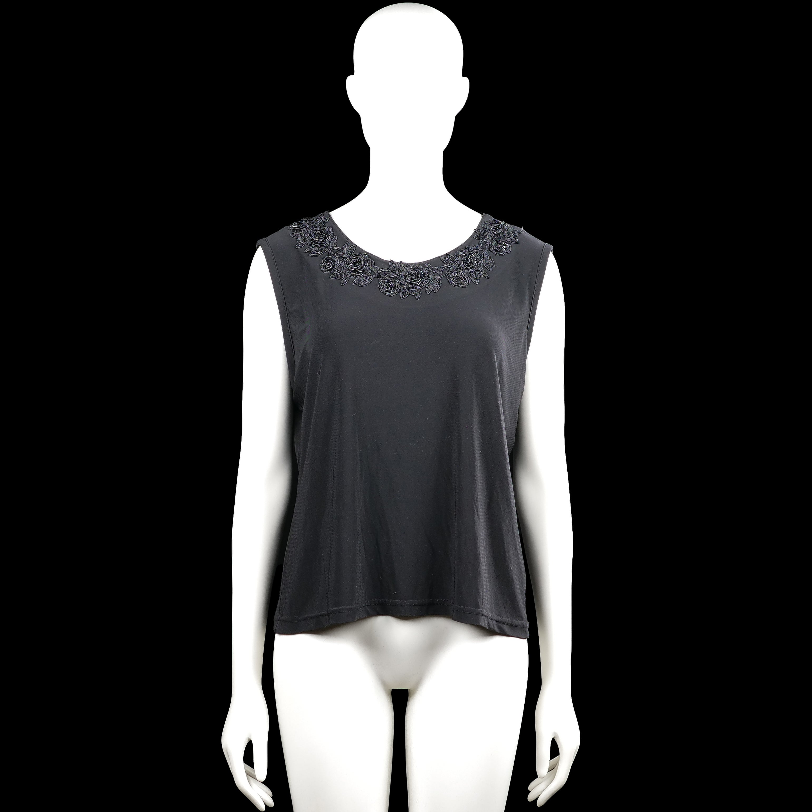 Tank top - Charcoal - Size L - Charcoal solid sleeveless top with a scoop neckline and floral embroidery along the neckline. Straight hem with no visible closures or pockets.