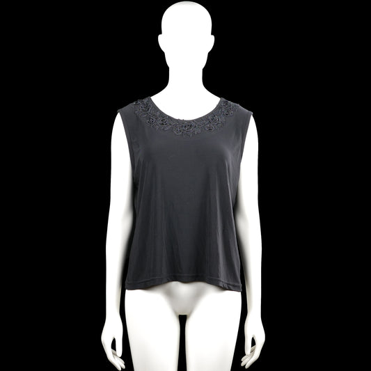 Tank top - Charcoal - Size L - Charcoal solid sleeveless top with a scoop neckline and floral embroidery along the neckline. Straight hem with no visible closures or pockets.
