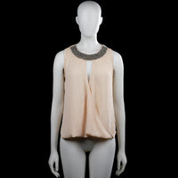 M&g - Blouse - Beige - Size S, M - Beige solid sleeveless top with a round neckline featuring beaded embellishment. Overlap front with an open slit detail and a high-low hem.