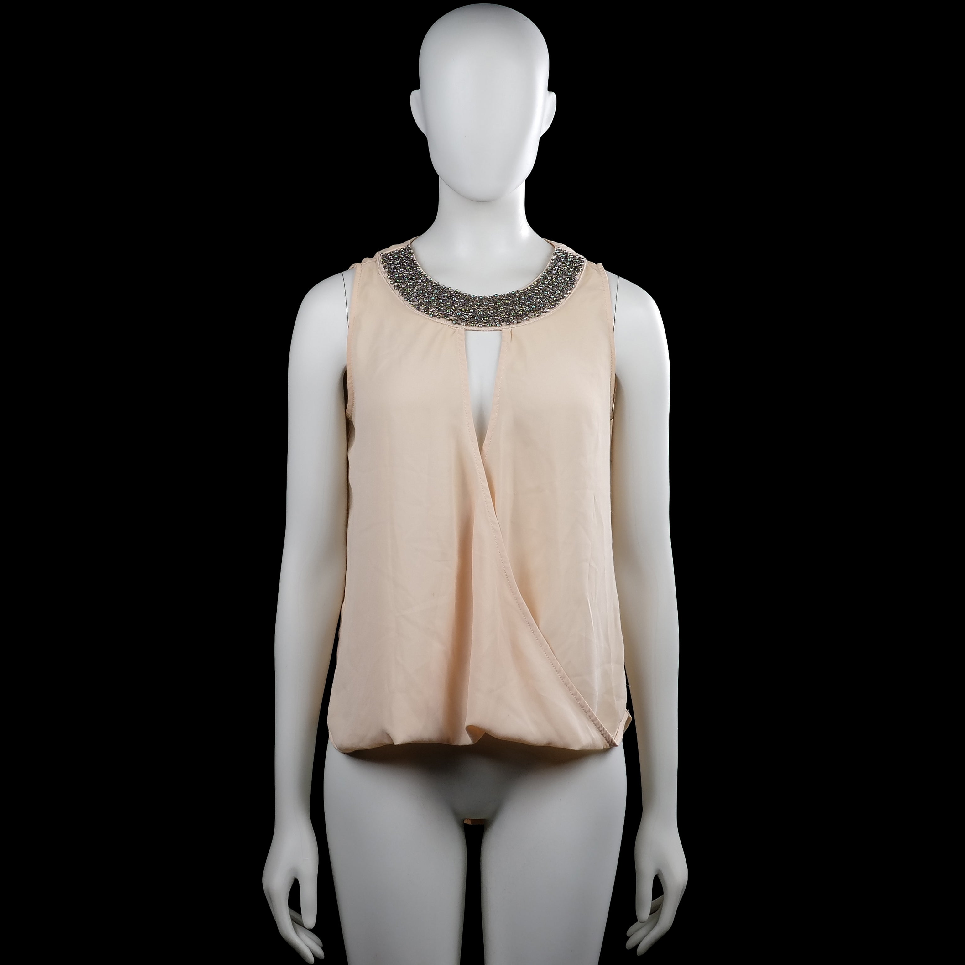 M&g - Blouse - Beige - Size S, M - Beige solid sleeveless top with a round neckline featuring beaded embellishment. Overlap front with an open slit detail and a high-low hem.