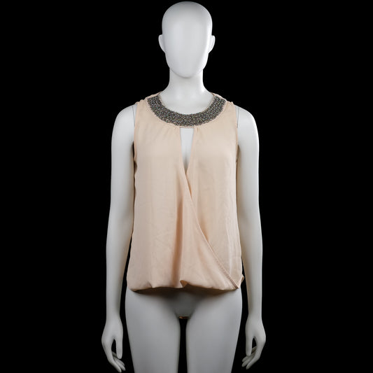M&g - Blouse - Beige - Size S, M - Beige solid sleeveless top with a round neckline featuring beaded embellishment. Overlap front with an open slit detail and a high-low hem.