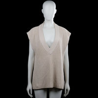 Stockholm - Sweater - Beige - Size M - Beige solid sleeveless knit top with a deep V-neck and a wide ribbed neckline. Straight hem with visible side slits.