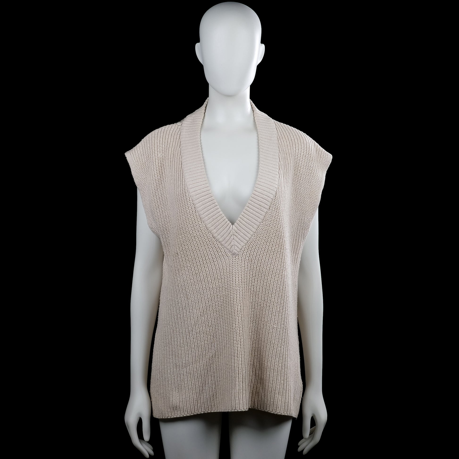 Stockholm - Sweater - Beige - Size M - Beige solid sleeveless knit top with a deep V-neck and a wide ribbed neckline. Straight hem with visible side slits.