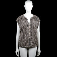 Lindex - Blouse - Beige & Black - Size M - Beige and black striped top with a V-neckline and short sleeves. Features a solid beige back panel and a straight hem.