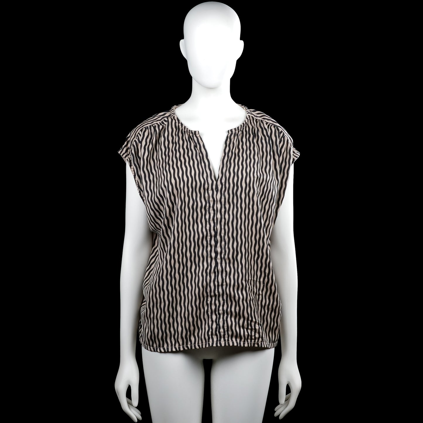 Lindex - Blouse - Beige & Black - Size M - Beige and black striped top with a V-neckline and short sleeves. Features a solid beige back panel and a straight hem.