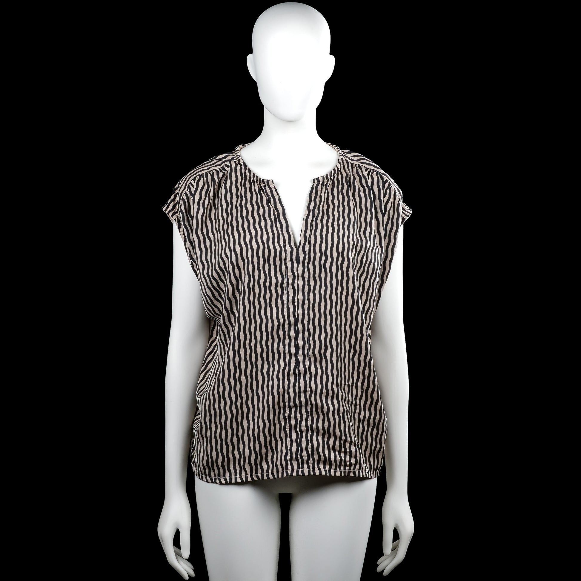 Lindex - Blouse - Beige & Black - Size M - Beige and black striped top with a V-neckline and short sleeves. Features a solid beige back panel and a straight hem.