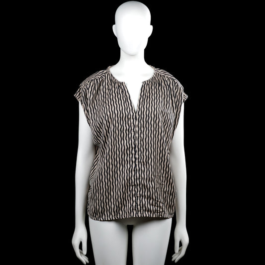 Lindex - Blouse - Beige & Black - Size M - Beige and black striped top with a V-neckline and short sleeves. Features a solid beige back panel and a straight hem.