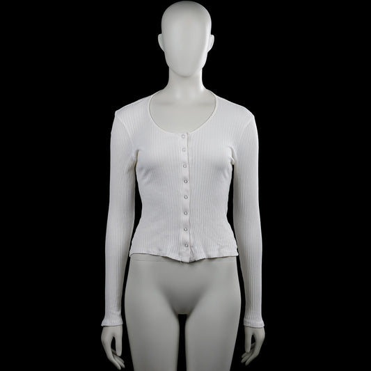 Nly trend - Cardigan - White - Size M - White solid ribbed top with a scoop neckline and long sleeves. Features a front button closure, plain cuffs, and a straight hem.