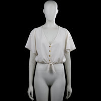H&M Divided - Blouse - Ivory - Size M - Ivory solid top with a V-neck and short flutter sleeves. Features a button front and an elastic hem with a front tie.