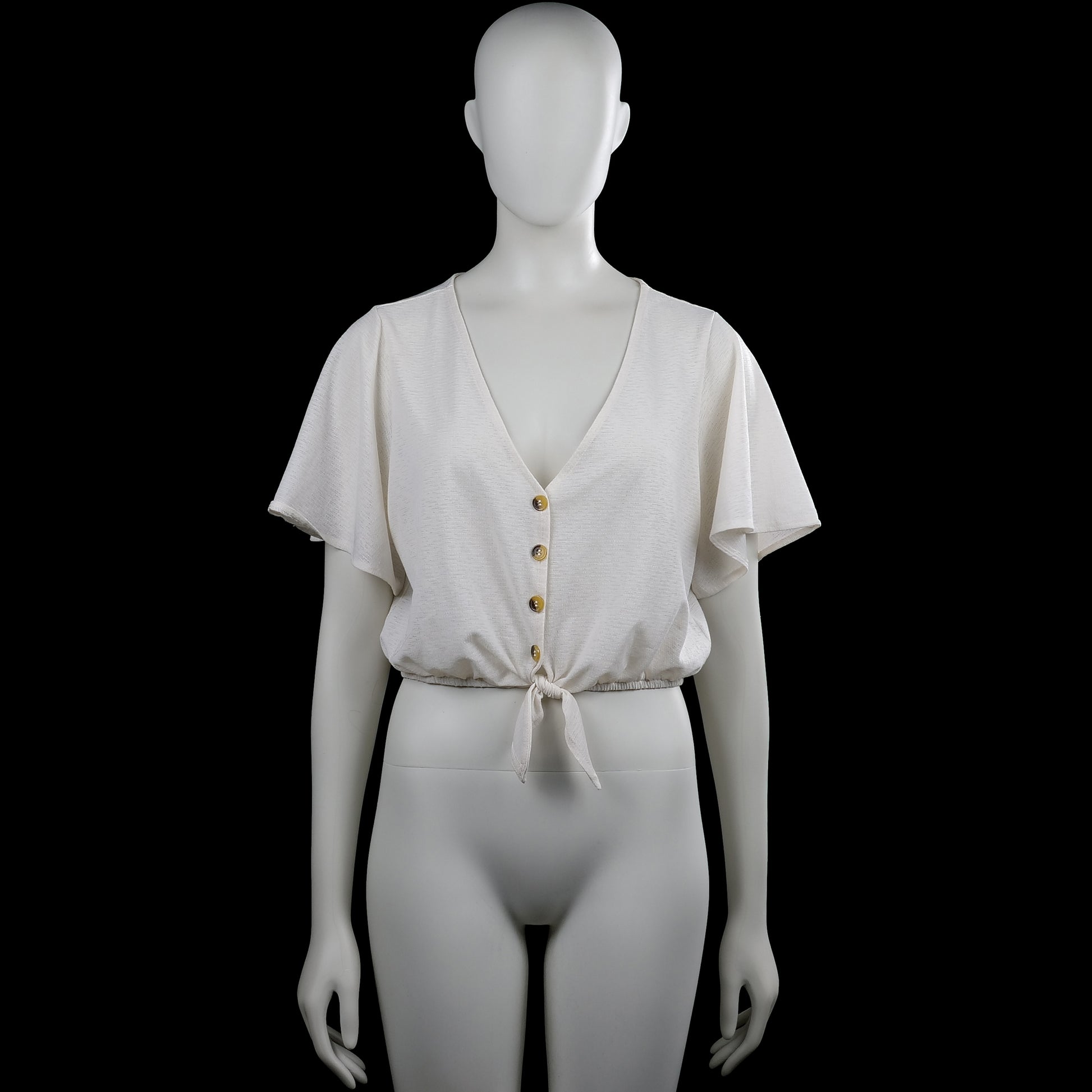 H&M Divided - Blouse - Ivory - Size M - Ivory solid top with a V-neck and short flutter sleeves. Features a button front and an elastic hem with a front tie.