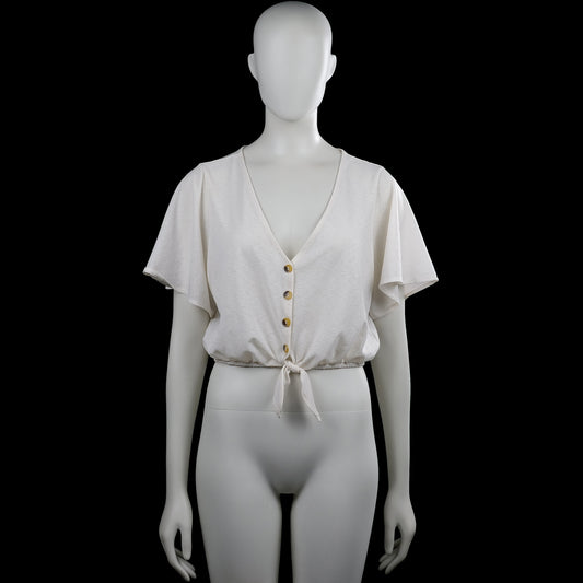 H&M Divided - Blouse - Ivory - Size M - Ivory solid top with a V-neck and short flutter sleeves. Features a button front and an elastic hem with a front tie.