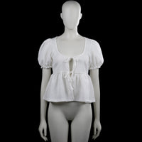 Gina Tricot - Blouse - White - Size S - White solid top with a scoop neckline and short puff sleeves with elastic cuffs. Features a front opening with tie closures and a straight hem.