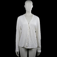 Machine - Shirt - White - Size L - White solid long-sleeve top with a V-neck and button-front closure. Straight hem and plain cuffs.
