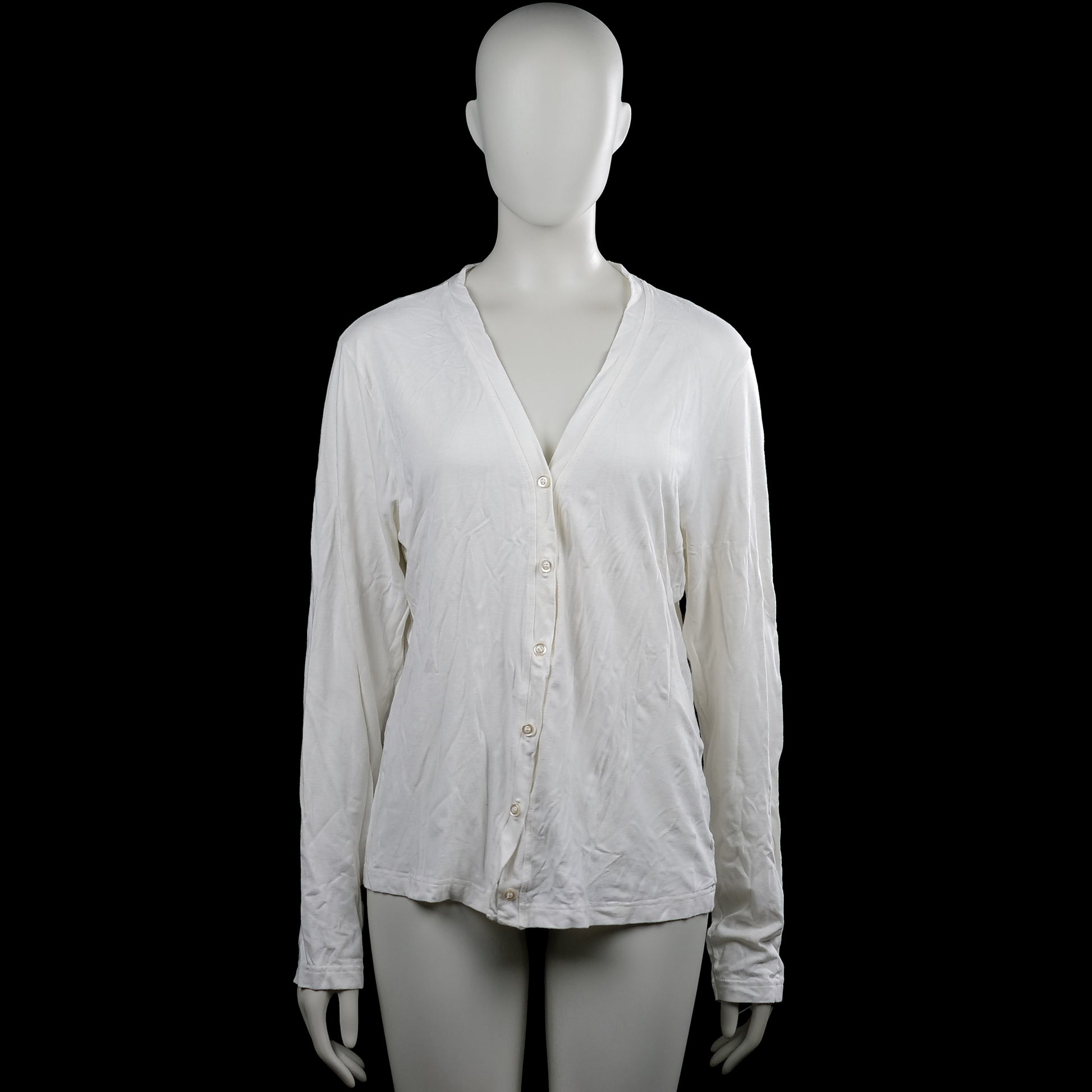 Machine - Shirt - White - Size L - White solid long-sleeve top with a V-neck and button-front closure. Straight hem and plain cuffs.