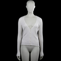 Bershka - Cardigan - White - Size L - White solid ribbed cardigan with a V-neckline and front button closure. Long sleeves with plain cuffs and a straight hem.