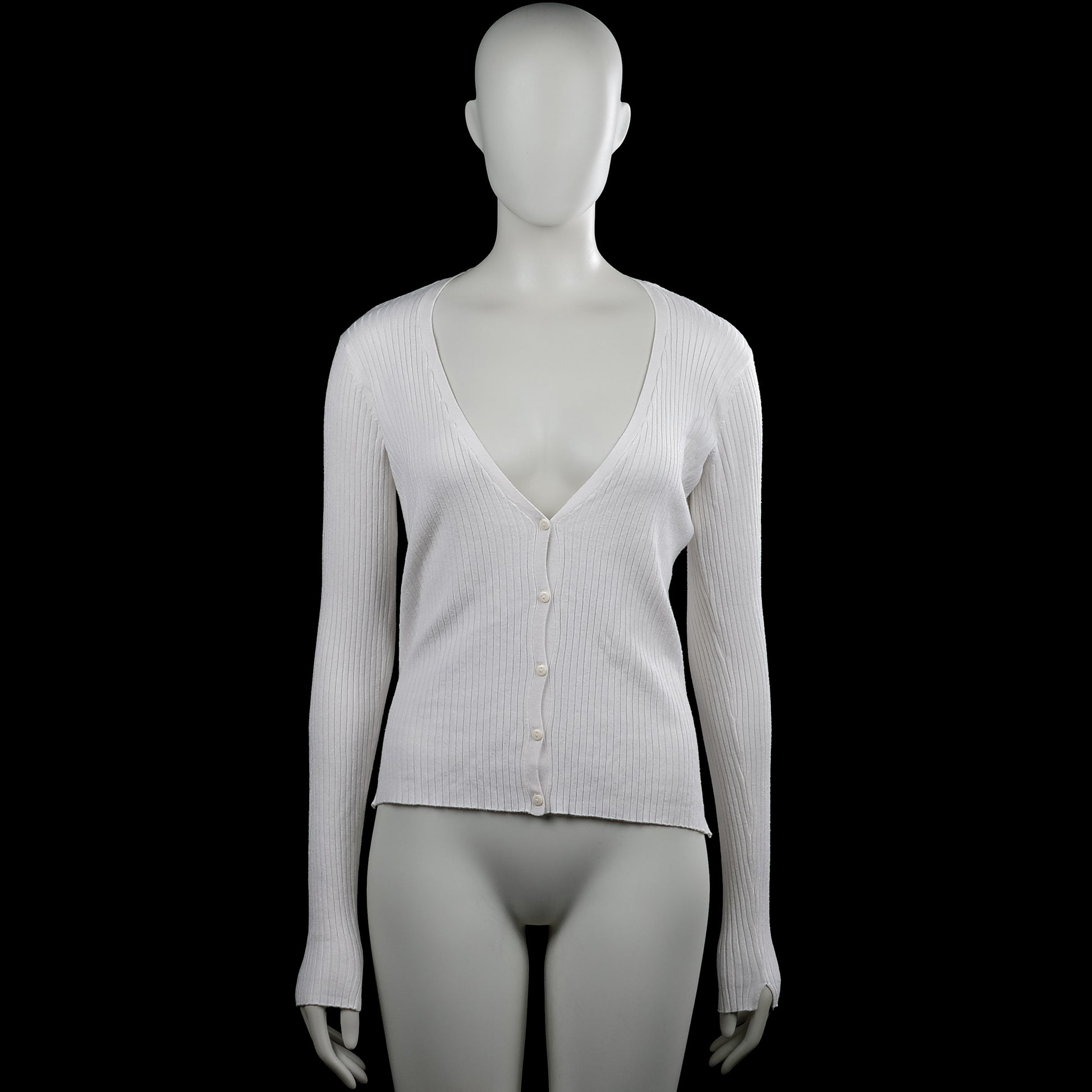 Bershka - Cardigan - White - Size L - White solid ribbed cardigan with a V-neckline and front button closure. Long sleeves with plain cuffs and a straight hem.