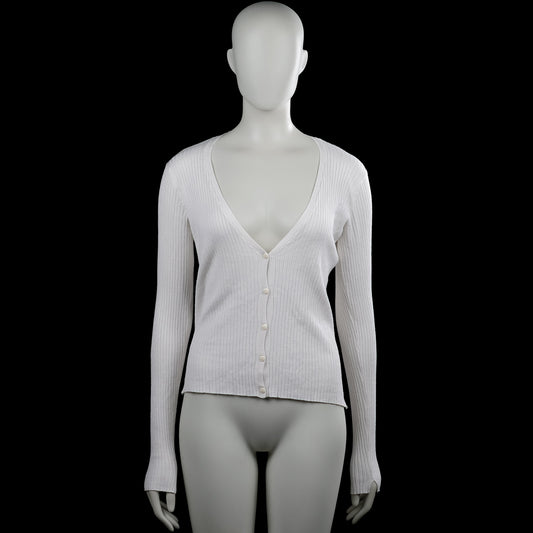 Bershka - Cardigan - White - Size L - White solid ribbed cardigan with a V-neckline and front button closure. Long sleeves with plain cuffs and a straight hem.