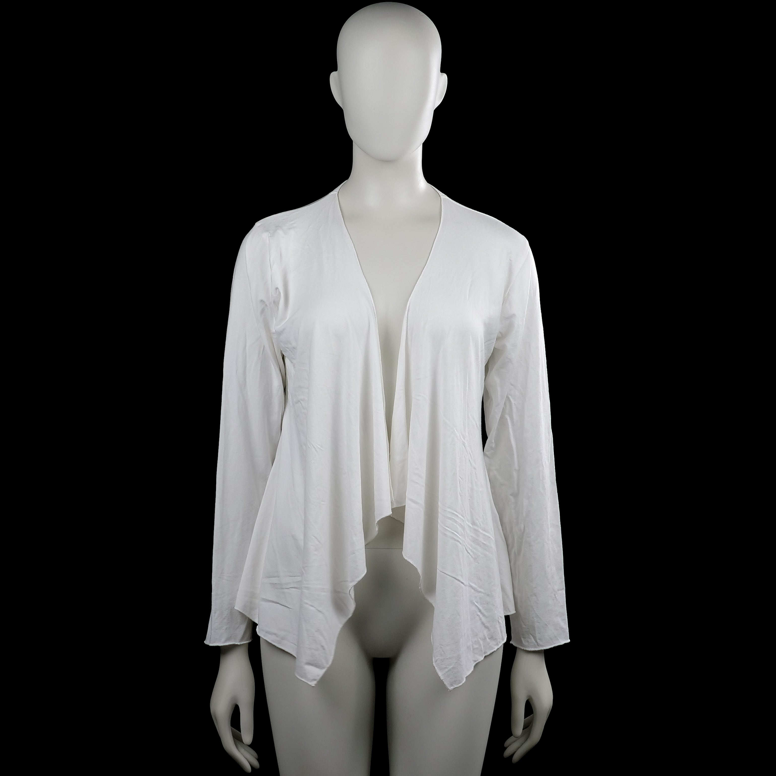 Masai - Cardigan - White - Size L - White solid open-front top with a deep V neckline and long sleeves. Features an asymmetrical draped hem and plain cuffs.