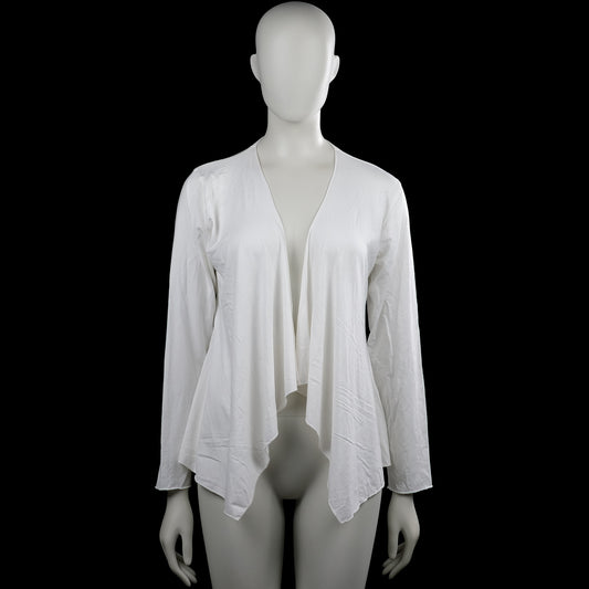Masai - Cardigan - White - Size L - White solid open-front top with a deep V neckline and long sleeves. Features an asymmetrical draped hem and plain cuffs.